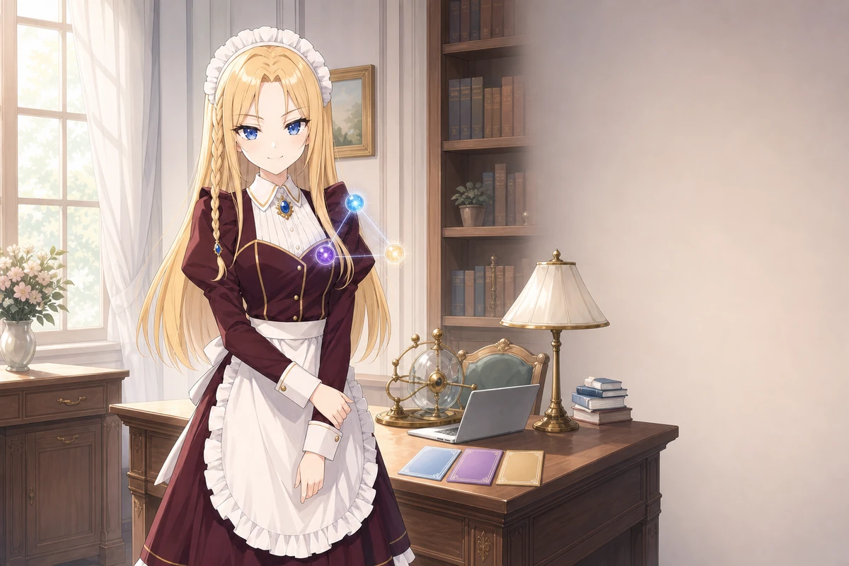仕事部屋に立つAIメイド長Claudia。青・紫・金の三つの接続ノードと役割カードがある